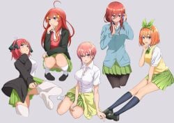 5girls adjusting_clothes blue_eyes bow breasts clothing go-toubun_no_hanayome hair_between_eyes hair_ornament headphones kneesocks looking_back multiple_girls nakano_ichika nakano_itsuki nakano_miku nakano_nino nakano_yotsuba nishizuki_shino orange_hair panties pink_hair quintuplets red_hair school_uniform schoolgirl short_hair sisters skirt socks squatting sweater thick_thighs thigh_socks thighs upskirt