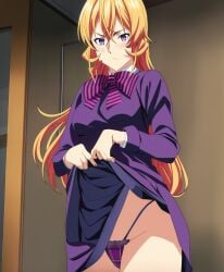 ai_generated blonde_hair blush bow demonstration dress dress_lift indoor lifted_by_self long_hair looking_at_viewer looking_down nakiri_erina purple_eyes shokugeki_no_souma stable_diffusion standing thong underwear younger_female