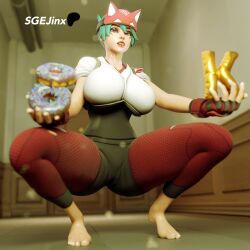 3d 3d_(artwork) 3d_render asian asian_female ass balloon big_breasts blender blender_cycles blurred_background breasts clothed clothed_female door doorway doughnut feet female floor gloves green_eyes green_hair hallway hallway_in_background hat high_resolution highres icing kiriko_(overwatch) kiriko_kamori large_breasts licking_lips light-skinned_female light_skin lips lipstick memz3d nose_piercing nose_stud overwatch overwatch_2 patreon_logo patreon_username sgejinx_(artist) sprinkles squatting thick thick_legs thick_thighs tongue_piercing tongue_stud twitter_username watermark wood