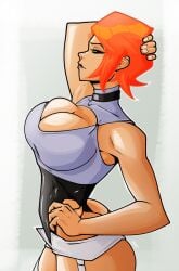 arm_behind_head armpits ben_10 big_ass big_breasts black_choker cartoon_network choker earring green_eyes gwen_tennyson hands_behind_head large_ass large_breasts leotard mat red_hair solo thick_thighs