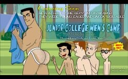 4boys 5boys animan animanstudios ass_hair black_hair body_hair camp chest_hair freddy_ruiz_(animan) glasses larry_weaver_(animan) light_skin male_only muscular_male orange_hair overweight promotional_art speedo tanned_skin teaser text tongue_out yellow_hair