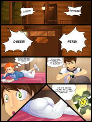 1boy 1girls ass ben_10 ben_tennyson comic female green_eyes gwen_tennyson jlullaby omnitrix orange_hair original_gwen text watch