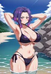 1girls ai_generated female female_only lady_nagant light-skinned_female lokokabooster69 my_hero_academia one_piece_swimsuit pointy_chin purple_hair solo