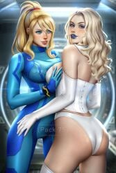 2girls artist_logo ass ayyasap blonde_hair blue_bodysuit blue_clothing blue_eyes blue_lipstick breast_grab breast_squeeze breasts choker corset crossover dat_ass deviantart deviantart_link digital_drawing_(artwork) digital_media_(artwork) eastern_and_western_character emma_frost female female_only fully_clothed fully_clothed_female hellfire_club large_breasts lipstick looking_back looking_back_at_viewer marvel marvel_comics metroid nintendo panties platinum_blonde_hair ponytail revealing_clothes samus_aran thighhighs tight_clothing white_clothing white_corset white_elbow_gloves white_gloves white_legwear white_panties white_queen x-men yuri zero_suit zero_suit_samus