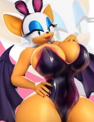 1girls 2024 3d 3d_(artwork) absurd_res absurdres anthro anthro_focus anthro_only areola_slip areolae bare_shoulders bat bat_girl black_leotard black_wings blue_eyes blue_eyeshadow boobs breasts breasts_bigger_than_head bunny_ears bunny_ears_(cosmetic) bunny_ears_headband bunny_girl bunnysuit cleavage clothed clothed_female clothing digital_media_(artwork) eyelashes eyeshadow female female_focus female_only headband hi_res high_resolution highres huge_boobs huge_breasts huge_tits leotard lipstick painted_nails purple_nails rabbit_ears red_lips red_lipstick rouge_the_bat sala3d sega slim_waist solo solo_anthro solo_female solo_focus sonic_(series) sonic_the_hedgehog_(series) strapless_leotard tan_skin thick_thighs thighs thin_waist thunder_thighs tits white_fur wide_hips wings