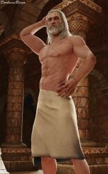 1boy 1human 1male 3d 3d_(artwork) 3d_model beard cd_projekt_red darknessringo geralt_of_rivia indoors male male_focus male_only masculine nonsexual relaxing scars_on_body solo solo_focus solo_male the_witcher_(series) towel_only white_hair yellow_eyes