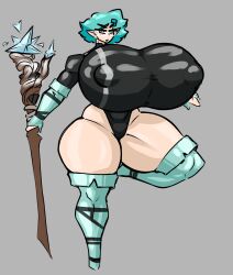 blue_hair glasses hyper_breasts nipple_bulge shewiff staff thick_thighs