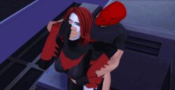 1boy 1girls 3d animated batman_(series) batwoman behind covered_mouth dc dc_comics jason_todd kate_kane male pof3445 red_hood_(dc) standing standing_sex the_sims the_sims_4