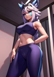 ai_generated animal_ears belly_button blue_eyes female fox_ears io_(paladins) looking_at_viewer paladins silver_hair sleeveless_shirt solo stable_diffusion yoga_pants