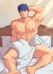 1boy 2024 abs armpits bara bara_tits bed biceps blanket blue_eyes blue_hair fire_emblem fire_emblem:_radiant_dawn hairless_armpits hi_res ike_(fire_emblem) jonigiri large_pectorals male male_focus male_nipples male_only muscular muscular_male navel nintendo nipples no_visible_genitalia on_bed one_eye_closed one_hand_behind_head pecs pectorals pillow sitting_on_bed smooth_skin solo solo_male spread_legs sunlight thighs twitter_username waking_up white_blanket