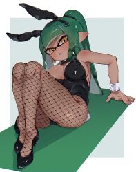 1girls blush bow breasts bunny_ears bunny_tail bunnysuit cleavage female female_only fishnet_legwear fishnets fummatsu_soosu green_hair heels high_heels inkling inkling_girl looking_at_viewer mole mole_on_breast nintendo sitting solo solo_female solo_focus splatoon splatoon_(series) tentacle tentacle_hair yellow_eyes