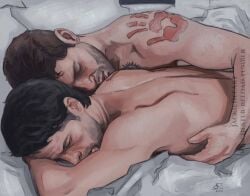 2boys actor angel artist_signature asleep bara beard bed black_hair brown_hair castiel castiel_(supernatural) celebrity chest_tattoo closed_eyes couple cuddling cute dean_winchester duo facial_hair freckles gay handprint holding_partner human in_character jackiedeeart jensen_ackles light-skinned_male light_skin lying lying_down lying_on_stomach male male/male male_only misha_collins realistic romantic romantic_ambiance romantic_couple sleeping sleeping_together supernatural_(series) tattoo yaoi