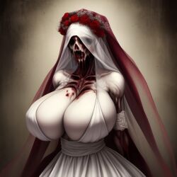 1girls ai_generated blood body_horror clothed clothing flower flowers frosting.ai fully_clothed gore huge_breasts melted_skin purple_letter rose_(flower) roses self_upload solo wedding_dress wedding_veil zombie