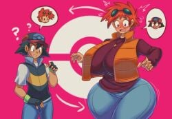 1boy 1girls ash_ketchum big_thighs blush body_swap breasts breasts_bigger_than_head embarrassed female fully_clothed lueduar pokemon satoshi_(pokemon) tight_clothing wide_hips zoey_(pokemon)