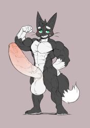 abs anthro balls big_balls big_penis bodily_fluids cheek_tuft crimsonrabbit domestic_cat erection facial_tuft felid feline felis flexing flexing_bicep foreskin genitals grey_background huge_balls huge_cock humanoid_genitalia humanoid_penis male mammal muscle_tone muscular muscular_anthro muscular_male nervous nervous_expression nervous_smile nude pecs penis sharp_teeth simple_background solo sweat sweatdrop sylvain_harvisth teeth tuft vein veiny_penis