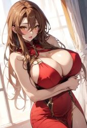 ai_generated blush brown_hair brown_hair_female brunette_hair cleavage covered_breasts female_issei fuck_me_eyes high_school_dxd horny horny_female huge_breasts long_dress long_hair massive_breasts nipple_bulge red_dress red_lips thick thick_thighs waiting waiting_for_sex wanting_sex