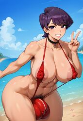 1futa abs ai_generated armpit_hair beach beach_background big_thighs breasts bulge choker curvy curvy_futa curvy_futanari flaccid futa_milf futa_only futa_sans_pussy futanari huge huge_balls komi-san_wa_komyushou_desu komi_shuuko kunaboto_(style) looking_at_viewer milf milf_futa peace_sign pubic_hair purple_hair red_slingshot_swimsuit red_swimsuit slingshot_swimsuit taker_pov