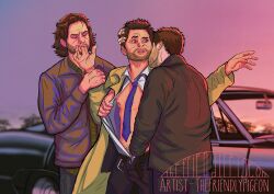 3boys actor angel artist_signature bara beard blue_eyes brown_hair car castiel castiel_(supernatural) celebrity closed_eyes clothed dean_winchester friskypigeon gay gay_sex grabbing_head grabbing_wrists hand_in_pants handjob holding_partner human jacket jared_padalecki jensen_ackles kissing kissing_neck light_skin long_hair looking_surprised male male/male male/male/male male_only masturbation misha_collins nipples open_belt outdoors plaid_shirt pubic_hair sam_winchester sex sucking_fingers supernatural_(series) surprised surprised_expression threesome tie trenchcoat trio undressing yaoi