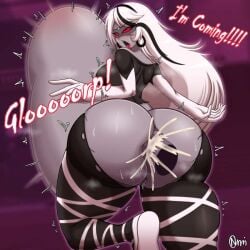 back_view carmilla_carmine cum cum_inside cumflated_belly cumflation futanari glorp hazbin_hotel hyper_cumflation inflation long_hair normi open_mouth penetration vaggie_(hazbin_hotel)