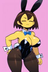 ai_generated annoyed annoyed_expression bangs big_breasts black_bunny_ears black_bunnysuit blue_bowtie bowtie breasts brown_hair bunny_ears bunny_girl bunnysuit closed_eyes collar curvy_figure easter female female_frisk frisk frown hand_on_hip pantyhose pink_background pixai shiny_hair shiny_skin short_hair thick_thighs undertale undertale_(series) wrist_cuffs yellow_skin