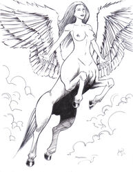 1girls black_and_white centaur drawn erect_nipples female flying greek_mythology inked michael_powell mythology pegasus pegasus_taur sketch taur