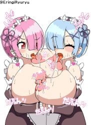 2d 2girls alternate_breast_size bangs bare_shoulders big_nipples blue_eyes blue_hair blush breast_press breasts_out closed_eyes detached_sleeves eringiryuryu female female_only hair_ornament hair_over_one_eye heart huge_breasts incest japanese_text lactating lactation licking licking_breast licking_nipples looking_at_another maid maid_headdress maid_uniform matching_hair/eyes milk motion_lines mutual_breast_licking mutual_breast_sucking mutual_breastfeeding open_eyes pink_eyes pink_hair ram_(re:zero) re:zero_kara_hajimeru_isekai_seikatsu rem_(re:zero) roswaal_mansion_maid_uniform short_hair simple_background sisters sweat sweating symmetrical_docking twincest twins uncensored white_background x_hair_ornament yuri