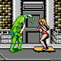 1:1 1boy 1girls anthro blonde_hair bodily_fluids bottomwear breasts clothing cum digital_media_(artwork) duo female genital_fluids genitals green_body green_skin hair human human_focus leonardo_(tmnt) male mammal melee_weapon monophallia nipples penis penis_head pixel_art reptile saiwai_hiroshi scalie shell shorts skateboard skateboarder_(tmnt) sword teenage_mutant_ninja_turtles turtle weapon what