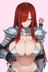 1girl 1girls ai_generated armor armored_gloves big_breasts bikini breasts cute_expression erza_scarlet fairy_tail hair_over_one_eye large_breasts long_hair looking_at_viewer midriff natsu_dragneel novelai pink_background ratatatat74_style red_hair smile smiling smirk