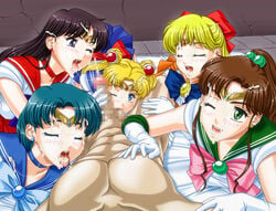 1boy 5girls ami_mizuno apple_pie_(artist) ball_sucking bishoujo_senshi_sailor_moon bow bukkake censored clothing cum cum_in_mouth cum_on_face female female_focus handjob harem human licking_male_nipple makoto_kino male male_nipple_licking male_pov minako_aino multiple_girls nipple_play nipple_tweak nude_male penis pov rei_hino sailor_jupiter sailor_mars sailor_mercury sailor_moon sailor_venus skirt straight usagi_tsukino