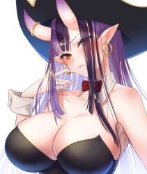 big_breasts bunnysuit cleavage earrings hannahhyrule heart-shaped_pupils large_breasts oni oni_horns pirate_girl pirate_hat pointy_ears red_eyes virtual_youtuber