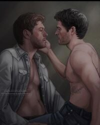 2boys actor angel bara beard beard_stubble black_hair brown_hair castiel castiel_(supernatural) celebrity chest_tattoo couple cuddling dean_winchester duo enochian enochian_tattoo enochian_text facial_hair gay gay_couple hand_on_cheek hand_on_thigh hands_on_thighs holding_partner human in_character jackiedeeart jensen_ackles light-skinned_male light_skin looking_at_another looking_at_partner male male/male male_only misha_collins muscles muscular muscular_male nipples on_top open_shirt pants pecs realistic romantic romantic_couple shirt sitting sitting_on_person stubble supernatural_(series) tattoo tattoos touching_face yaoi