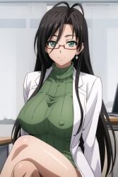 ai_generated big_breast big_breasts black_hair black_hair_female green_eyes green_sweater hasegawa_chisato labcoat large_breast large_breasts mature_female mature_woman milf nurse older_female older_woman red_glasses shinmai_maou_no_testament sweater white_lab_coat