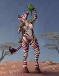 anthro breasts canteen crotch_tuft equid equine female genitals hattonslayden hi_res hooves mammal navel nipples pussy solo tuft water zebra