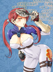 1girls big_breasts bodysuit breasts cleavage closed_eyes female fingerless_gloves gloves highres kunai kunimitsu large_breasts mole namco naoyuki ninja red_hair scar skin_tight solo tekken tekken_1 tekken_2 tekken_tag_tournament tekken_tag_tournament_2 tied_hair twintails vambraces weapon