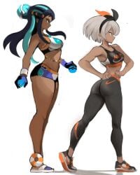 2girls bea_(pokemon) black_hair blue_hair brown_body brown_skin crop_top curvy curvy_female dark-skinned_female duo female female_only fit fit_female game_freak gloves grey_hair gym_clothes gym_leader gym_uniform holding_poke_ball leggings micro_shorts microshorts midriff nessa_(pokemon) nike nike_logo nintendo poke_ball pokemon pokemon_ss rakeemspoon shoes short_hair short_shorts shorts sports_bra thick_thighs thighs tight_clothing twitter_link two_tone_hair underass underbutt video_game video_game_character video_games white_background