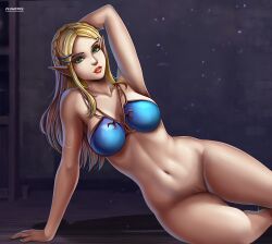 1girls artist_logo big_breasts blonde_hair blue_bikini breath_of_the_wild curvy detailed_background deviantart_username female_focus female_only flowerxl green_eyes hand_behind_head hand_on_floor hylian hylian_ears long_hair looking_at_viewer naked_from_the_waist_down nintendo pale-skinned_female pinup princess_zelda the_legend_of_zelda zelda_(breath_of_the_wild)