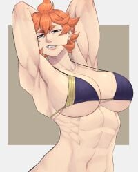 1girls abs arms_behind_head black_clover blue_eyes limn044 mereoleona_vermillion muscles muscular_female orange_hair short_hair smile teeth