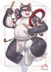 2024 absurd_res anthro asian_clothing belly black_body blush cai1448331577 canid canine canis clothing domestic_dog east_asian_clothing fundoshi hi_res japanese_clothing kemono male mammal moobs navel nipples overweight overweight_male solo underwear white_body white_clothing white_fundoshi white_underwear