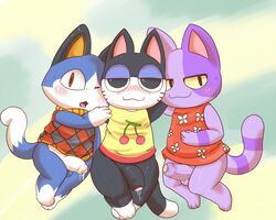 2013 3boys animal_crossing balls black_fur blue_fur blush bob_(animal_crossing) bottomless feline furry kuroneko male male_only nintendo penis precum punchy punchy_(animal_crossing) purple_fur rover_(animal_crossing) uncut