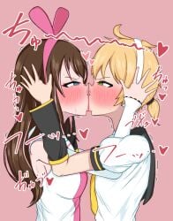 blushing_at_another eye_contact female female_only french_kissing kagamine_len kissing kizuna_ai konami_yotsuba making_out virtual_youtuber vocaloid