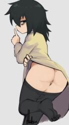 ass bags_under_eyes black_hair black_pantyhose black_pubic_hair clothes_lift clothes_pull commentary dress dress_lift english_commentary female female_pubic_hair finger_to_mouth green_eyes hatsu_(hatsumiilkshake) hatsumiilkshake kuroki_tomoko no_panties pantyhose pantyhose_pull pubic_hair pussy school_uniform shushing solo standing standing_on_one_leg watashi_ga_motenai_no_wa_dou_kangaetemo_omaera_ga_warui! yellow_dress