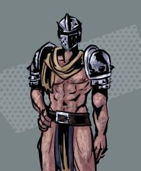 1boy abstract_background armor bara cel_shading cel_shading_(retro) clothing crusader crusader_(darkest_dungeon) darkest_dungeon front_view gothic_artstyle grey_background hand_on_hip helmet human legs loincloth male male_nipples male_only medieval muscular_male neck_scarf nipples pecs pelvic_curtain pupsotherstuff scarf serratus_anterior shoulder_armor solo unseen_male_face upper_body warrior wide_shoulders yellow_scarf