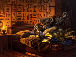 accipitrid accipitriform anal anthro avian balls bed bird bracelet candle deity divine eagle egyptian egyptian_room falcon falconid feathers furniture genitals golden golden_eagle hieroglyphics inside jewelry kissing lanner light male male/male mood mythology romantic sex stone_wall true_eagle wall_(structure)