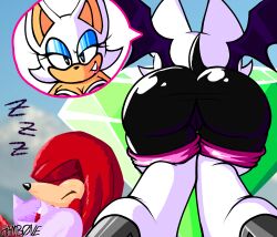 1boy 1girls 2d 2d_(artwork) artist_signature ass ass_bigger_than_head ass_focus bat breasts cleavage eyelashes female female_focus furry hamb0ne knuckles_the_echidna lipstick male master_emerald rouge_the_bat sega skin_tight sleeping sonic_(series) sonic_the_hedgehog_(series) speech_bubble thick_ass thick_thighs thighs