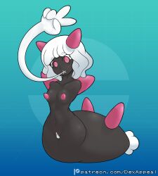 animal_humanoid anthro armless big_nipples black_body black_skin breasts dex_appeal echinoderm echinozoan female gastropod gastropod_humanoid generation_7_pokemon genitals gesture hair hand_gesture hi_res humanoid legless limbless looking_at_viewer marine mollusk mollusk_humanoid navel nintendo nipples nude pink_eyes pokemon pokemon_(species) pseudo_hair pussy pyukumuku sea_cucumber simple_background slug_humanoid small_breasts solo tentacle tentacle_hair unusual_anatomy unusual_genitalia unusual_limb v_sign white_hair