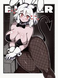 1girls breasts bunny_ears bunny_tail bunnysuit dice_coffeedox draw_the_dice female female_only fishnets gonzalo_costa heart-shaped_pupils helltaker large_breasts looking_at_viewer modeus_(helltaker) red_eyes solo thighs third-party_edit white_hair wide_hips