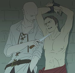 2boys altair_ibn_la-ahad assassin's_creed assassin's_creed_(series) bald bdsm bondage bound_wrists chained doubleleaf gay knife male_only robert_de_sable topless ubisoft yaoi