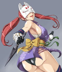 1girls ass back bandage beauty_mark big_ass black_panties breasts dat_ass female fox_mask gloves hair highres huge_ass japanese_clothes kimono kunai kunimitsu lips long_hair looking_back mask masked milf namco naoyuki ninja obi panties purple_legwear red_hair scar short_kimono sideboob tekken tekken_1 tekken_2 tekken_tag_tournament tekken_tag_tournament_2 thighhighs tied_hair twintails underwear vambraces weapon