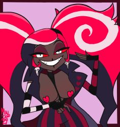 covered_nipples dark-skinned_female dark_skin fingerless_gloves flashing flashing_breasts hazbin_hotel looking_at_viewer malart red_eyes smiling twintails velvette