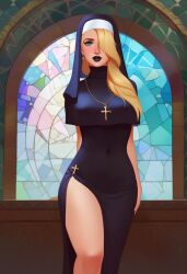 ai_generated black_lipstick blonde_hair church cross cross_necklace goth goth_girl goth_makeup goth_nun gothic nun thick_thighs veil